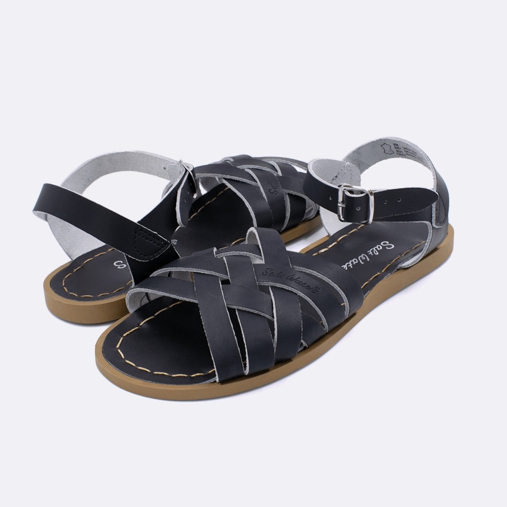 Black Strappy Leather Flat Sandals| Saltwater| Retro|